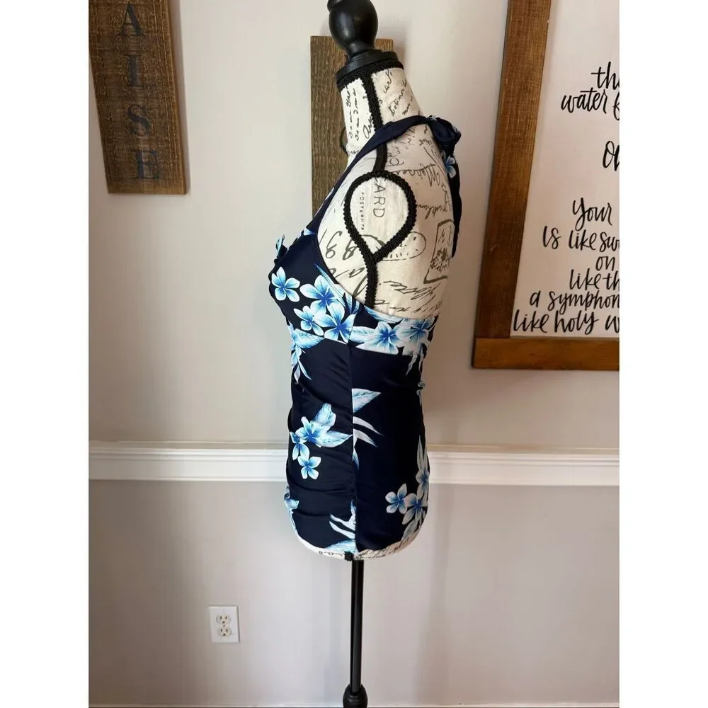 Kona Sol Women's Floral Twist Front Halter Swim Tankini Top Navy Small